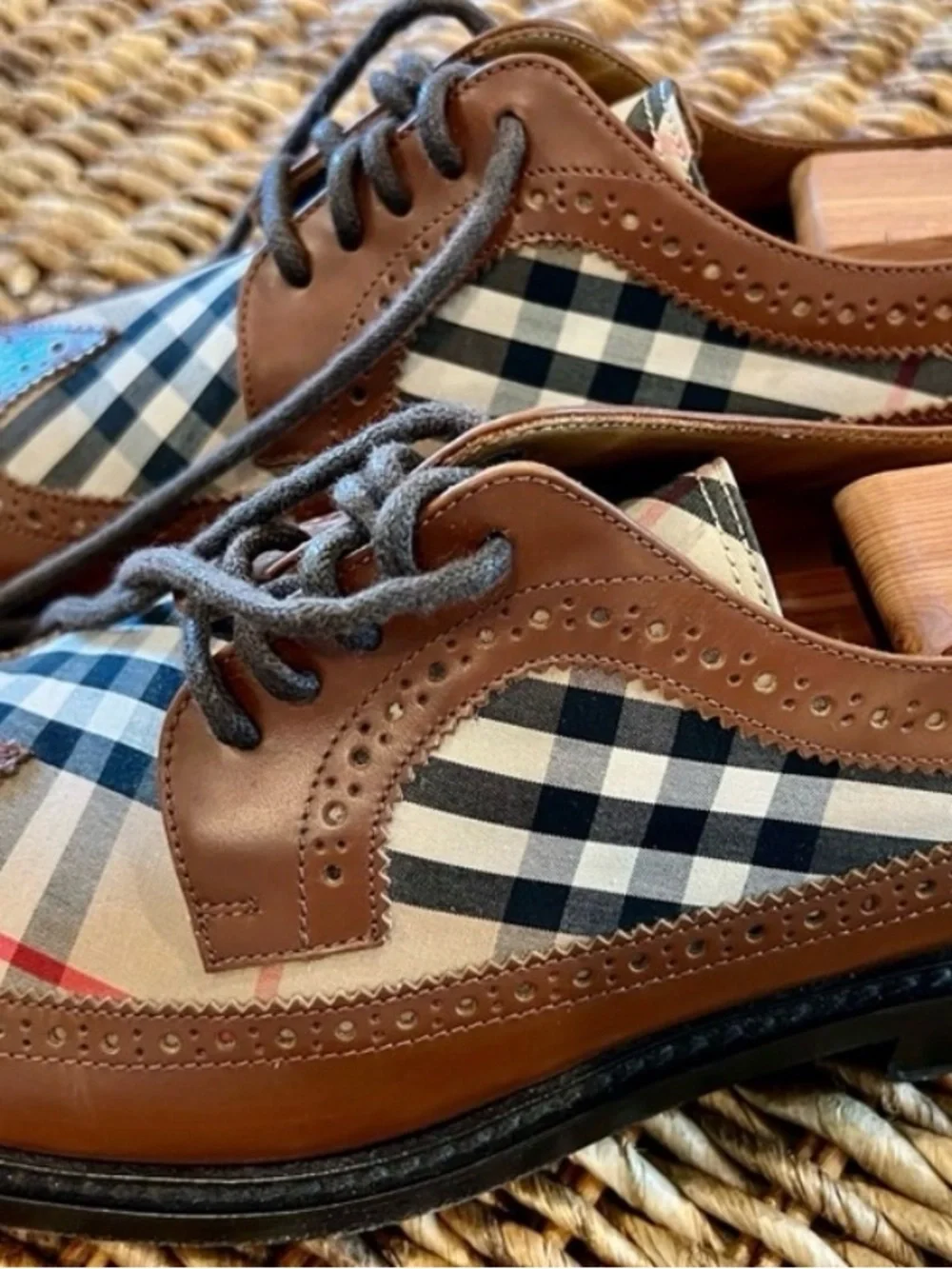 Burberry Brown Leather & Signature Check Wingtip Oxfords